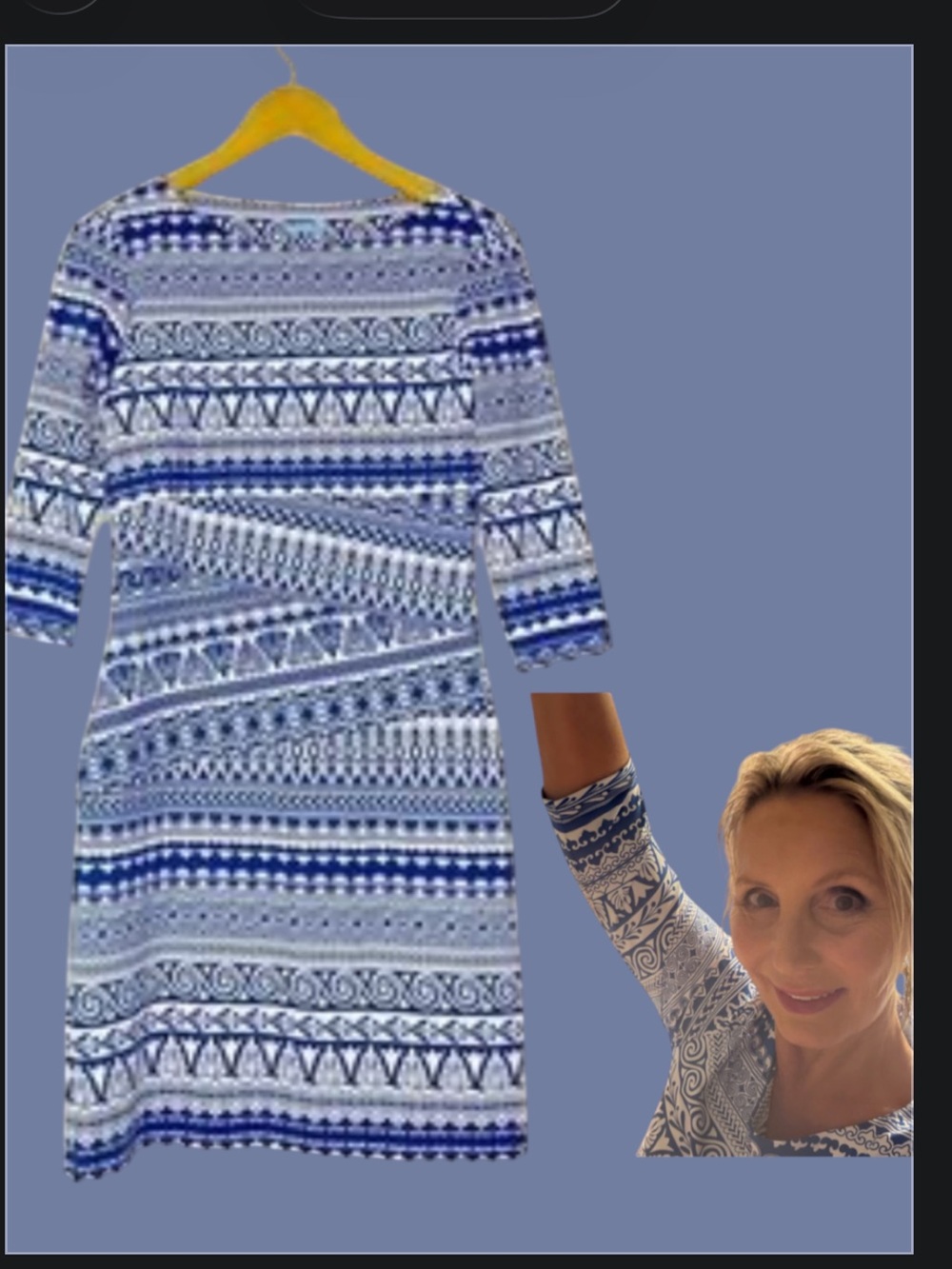 Blue Patterned Three-Quarter Sleeve Women's Dress - Classic Printed Shift